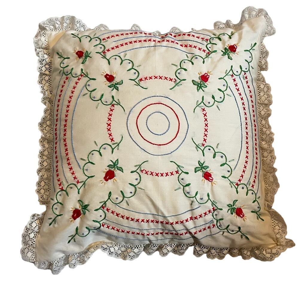 Vintage embroidered floral throw pillow lace trim